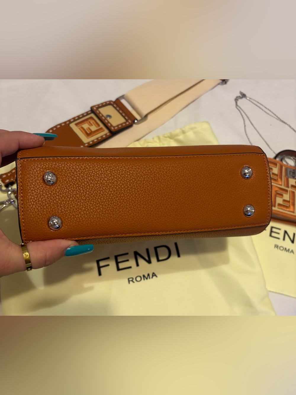 Fashion Tan Leather Peekaboo Crossbody With Cream Mono Canvas Guitar Strap - Picture 8 of 16